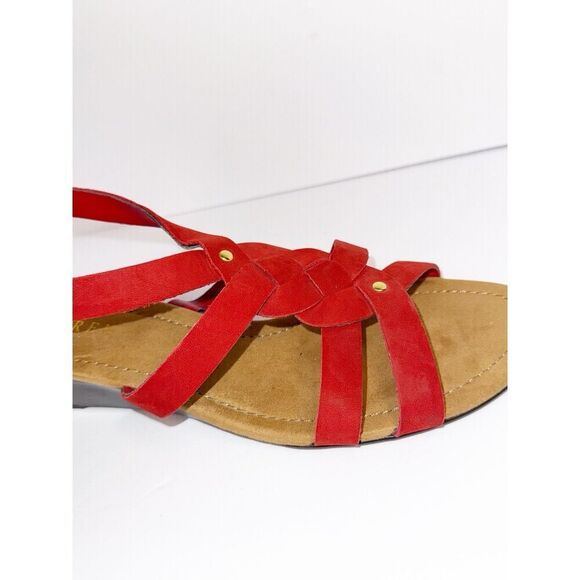 Ralph Lauren Demi Wedge Sandal Red Leather Strappy Gold Buckle Comfort 9.5 B - Picture 14 of 16